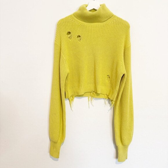 Lovers + Friends Medea Distressed Turtleneck Balloon Sleeve Knit Sweater Medium - Picture 3 of 10